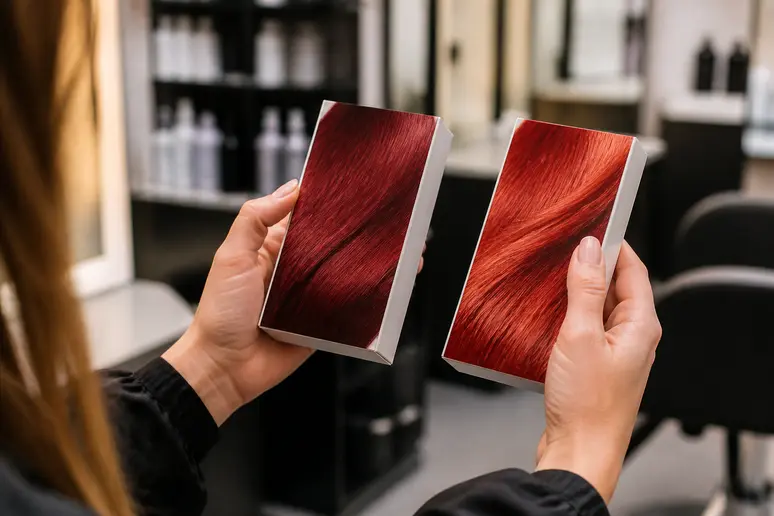 Mains féminines tenant deux boîtes de coloration, l'une permanente rouge profond, l'autre temporaire rouge vif, dans un salon.