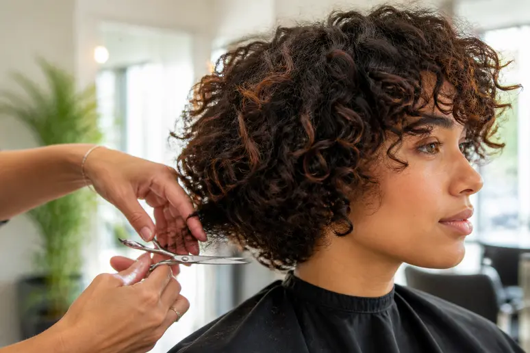 Une coiffeuse sculpte avec précision un carré dégradé sur des cheveux bouclés pour un mouvement naturel optimal.
