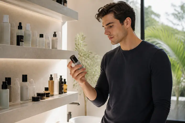 Un homme choisit un soin visage pour homme parmi une sélection de produits de beauté.