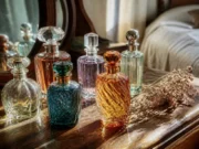 Adopt: avis clients, prix dès 11.95€ et produits à risque Plusieurs flacons de parfum colorés posés sur une coiffeuse en bois avec adopt avis
