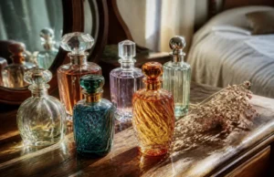 Adopt: avis clients, prix dès 11.95€ et produits à risque Plusieurs flacons de parfum colorés posés sur une coiffeuse en bois avec adopt avis