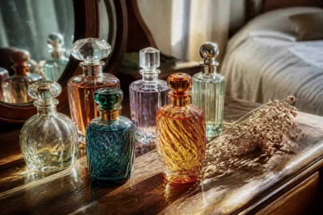 Adopt: avis clients, prix dès 11.95€ et produits à risque Plusieurs flacons de parfum colorés posés sur une coiffeuse en bois avec adopt avis