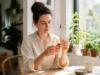Faut-il tester les soins Anua sur une peau à rougeurs ? Une femme en chemise en lin tient un flacon de Anua soins minimalistes avis dans un intérieur lumineux