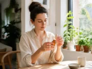 Faut-il tester les soins Anua sur une peau à rougeurs ? Une femme en chemise en lin tient un flacon de Anua soins minimalistes avis dans un intérieur lumineux