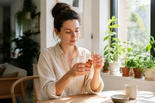 Une femme en chemise en lin tient un flacon de Anua soins minimalistes avis dans un intérieur lumineux