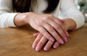 Aura Nails : 4 semaines de tenue ou faux ongles ? Mains posées sur une table en bois présentant une manucure soignée de type aura nails aux teintes douces