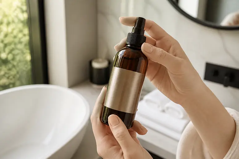 Bouteille de soin capillaire professionnel tenue en main dans une salle de bain lumineuse
