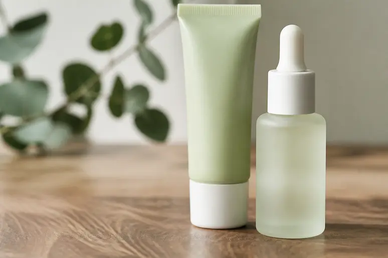 Flacon de soin cosmétique coréen minimaliste posé sur une surface en bois clair avec un éclairage naturel