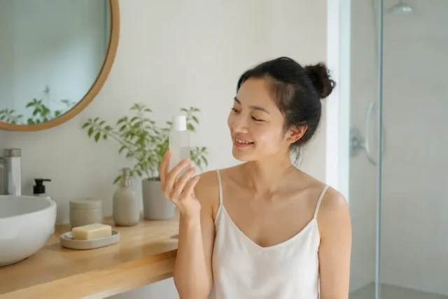 Faut-il tester Beplain ? Notre avis sur la marque coréenne Une femme découvre les cosmétiques coréens avec cet avis Beplain dans sa salle de bain lumineuse