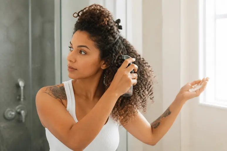 Personne vaporisant de l'eau sur ses boucles pour réactiver la texture avant d'appliquer le soin