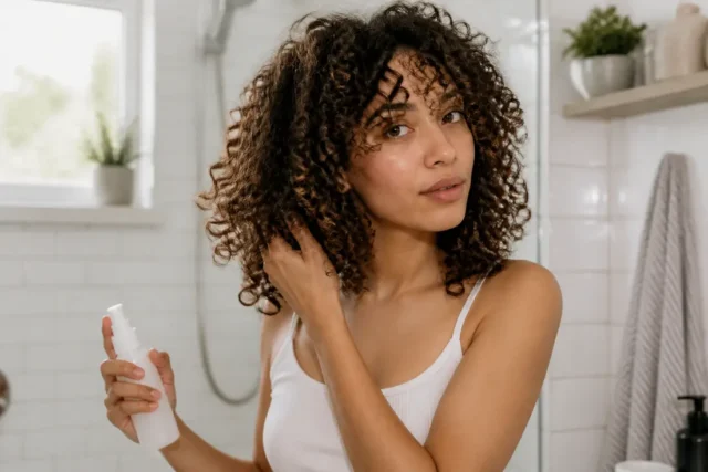 Personne appliquant le soin Boost Curl Les Secrets de Loly sur des boucles