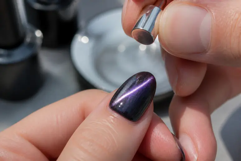 Main tenant un aimant au-dessus d'un ongle pour créer des cat eye nails