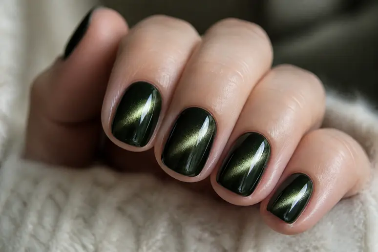 Reflet lumineux de cat eye nails sur des ongles courts bien entretenus