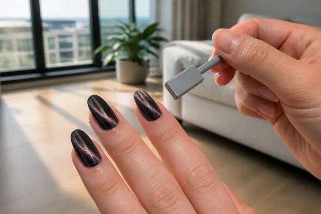 Gros plan sur des mains réalisant une manucure tendance cat eye nails avec un petit aimant sous une lumière naturelle