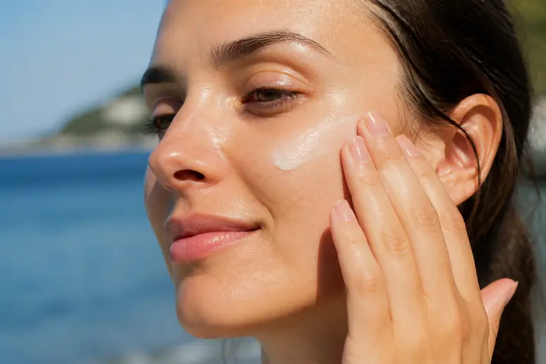 Application d'un fluide solaire SPF 50 sur le visage pour la protection quotidienne de la peau