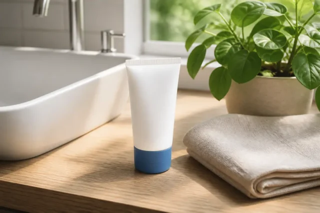 CeraVe: avis sur la marque, le SPF 50 et la crème 52 ml Flacon de soin posé sur un plan de toilette en bois clair avec une serviette pour un cerave avis