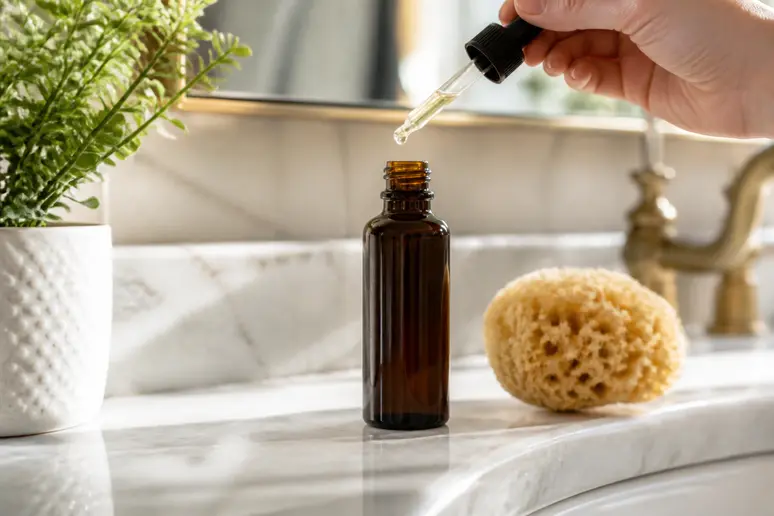 Flacon d'huile Cocosolis Choco sur un comptoir de salle de bain, Cocosolis avis prix et conservation.