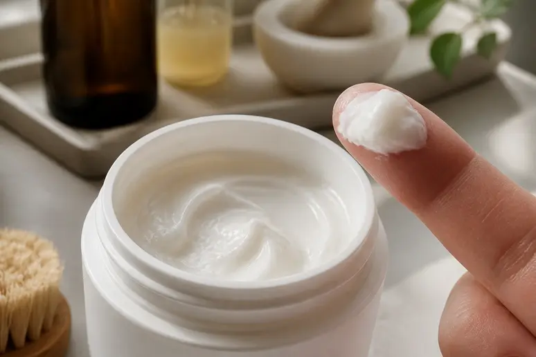 Pot de cut by fred masque à côté d'une noisette de produit, montrant son utilisation facile.