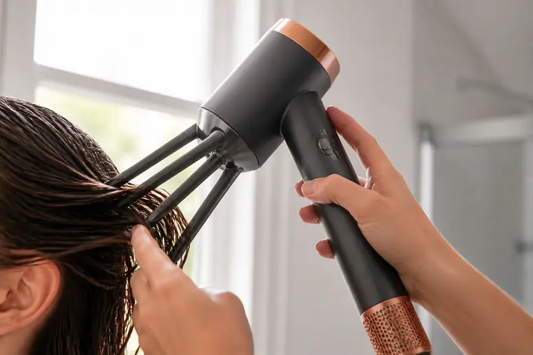 utilisation du Dyson Airstrait pour sécher et lisser les cheveux simultanément