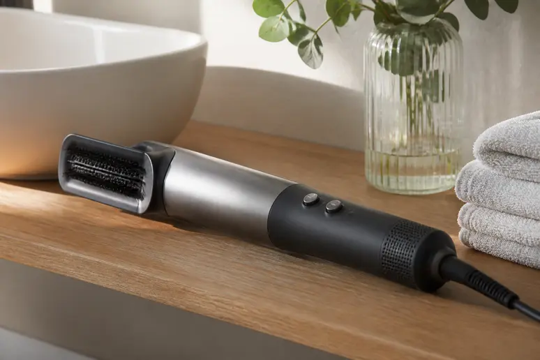 dysoning airstrait posé sur un meuble de salle de bain avant utilisation