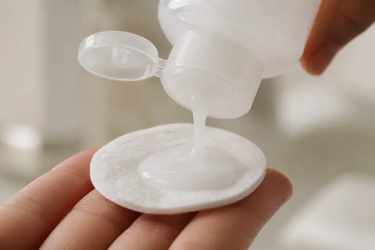 Flacon et texture laiteuse de l'eau micellaire E-Rase Drunk Elephant sur un coton.