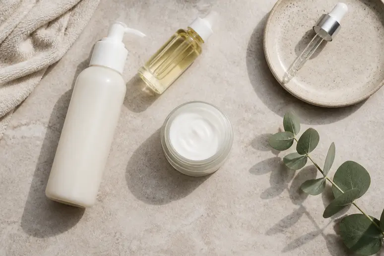 Sélection de produits nettoyants et alternatives cosmétiques disposés sur une surface claire.