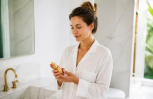 Que vaut l’eau micellaire E-Rase Drunk Elephant ? Notre avis Femme tenant un flacon de soin dans une salle de bains lumineuse pour un E rase Drunk Elephant avis authentique