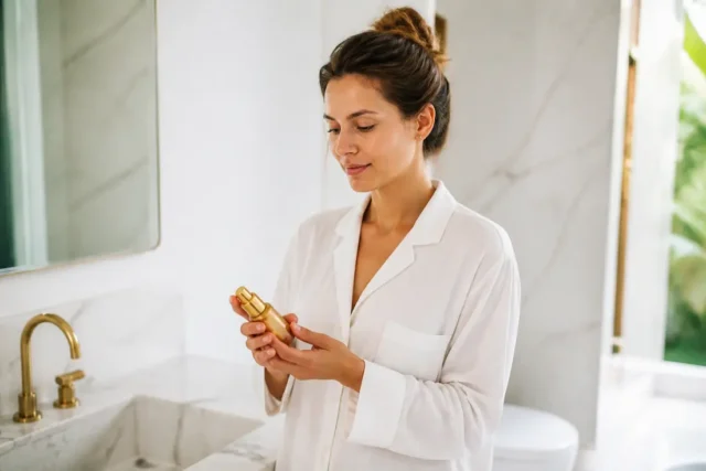 Femme tenant un flacon de soin dans une salle de bains lumineuse pour un E rase Drunk Elephant avis authentique