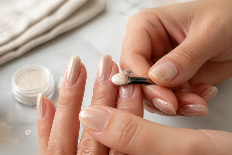 Application minutieuse d'une poudre nacrée sur des ongles naturels pour réaliser des glazed donut nails brillants