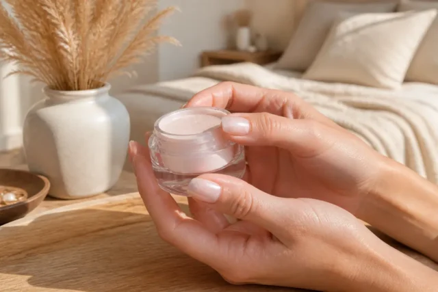 Comment faire des glazed donut nails sans faux ongles? Mains tenant un poudrier sur fond de table en bois pour réaliser des glazed donut nails naturels