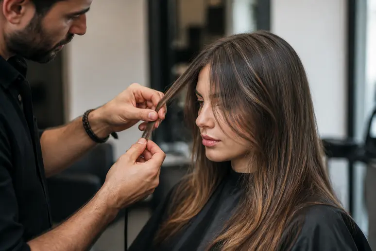 Coiffeuse réalisant un hair contouring avec des mèches ciblées autour du visage.