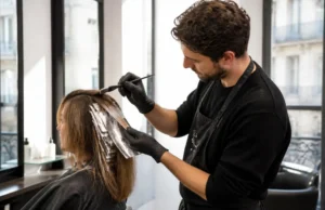 Hair contouring : visage carré, blond ou brun ? Une coiffeuse réalise un hair contouring sur mesure dans un salon lumineux.
