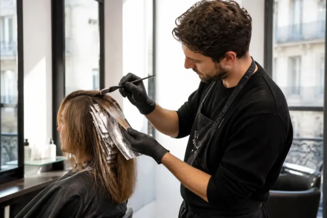 Hair contouring : visage carré, blond ou brun ? Une coiffeuse réalise un hair contouring sur mesure dans un salon lumineux.