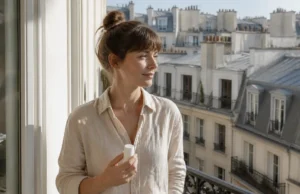 ISDIN : retours d’expérience sur Fusion Water Magic Femme tenant un flacon de protection solaire sur un balcon baigné de lumière naturelle isdin avis