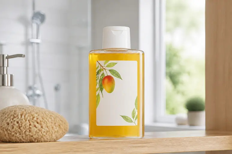 Flacon de shampoing Klorane à la mangue posé sur une étagère de salle de bain lumineuse