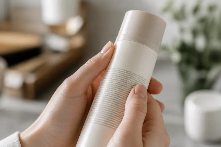 Mains lisant attentivement la liste des ingrédients INCI au dos d'un produit Klorane