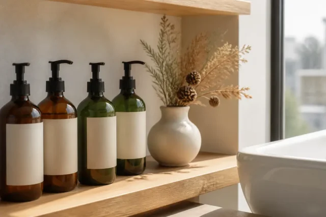 Que valent les avis Klorane entre Trustpilot et Mangue ? Plusieurs flacons de shampooing d'une marque populaire avec klorane avis posés sur une étagère en bois.
