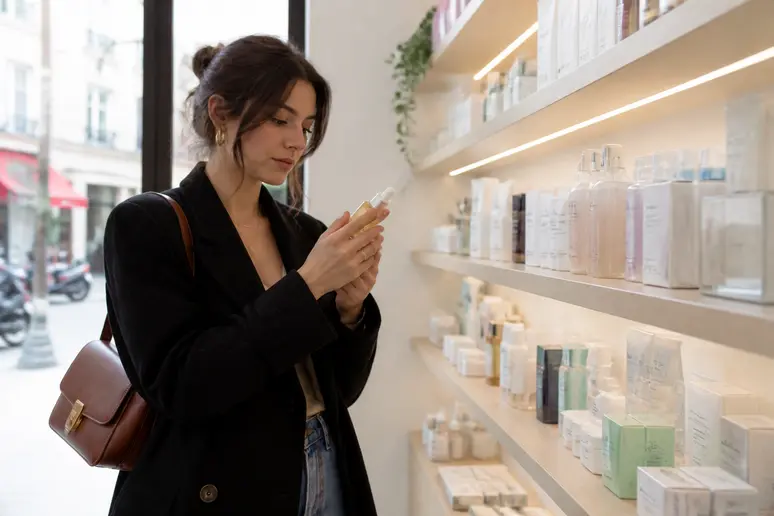 Une jeune femme examine un sérum dans une boutique de korean cosmetics kc odéon avis.