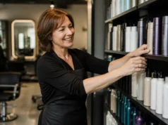 La Boutique du Coiffeur : avis clients et employés un coiffeur range des produits de soin professionnels sur des étagères pour la boutique du coiffeur avis