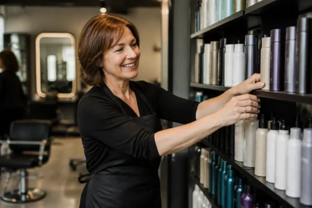 un coiffeur range des produits de soin professionnels sur des étagères pour la boutique du coiffeur avis