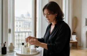 Que valent les avis Lierac sur Premium et Sunissime ? Une femme range des soins sur une coiffeuse près d'une fenêtre lumineuse pour illustrer les lierac avis