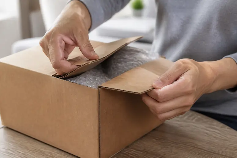 Mains ouvrant un colis reçu pour vérifier l'état des produits commandés.