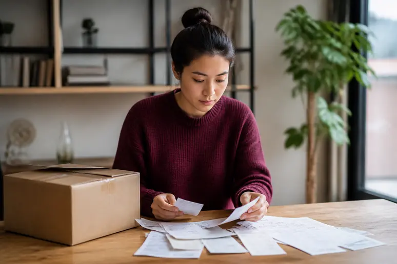 Personne préparant les justificatifs de commande pour contacter le service client.