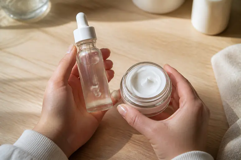 Mains tenant un flacon de soin visage minimaliste pour choisir le produit adapté à sa peau