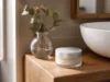 Que valent les avis Mimétique sur Skin Restore ? Un flacon de soin posé sur une étagère en bois avec des eucalyptus pour illustrer mimetique avis.