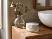 Que valent les avis Mimétique sur Skin Restore ? Un flacon de soin posé sur une étagère en bois avec des eucalyptus pour illustrer mimetique avis.