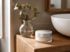 Que valent les avis Mimétique sur Skin Restore ? Un flacon de soin posé sur une étagère en bois avec des eucalyptus pour illustrer mimetique avis.