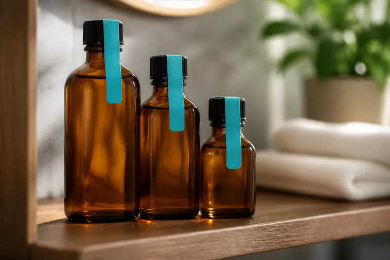 Flacons de soin Moroccanoil posés sur une étagère de salle de bain lumineuse