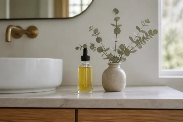 Flacon d'huile capillaire sur un meuble de salle de bain pour un moroccanoil avis éclairé