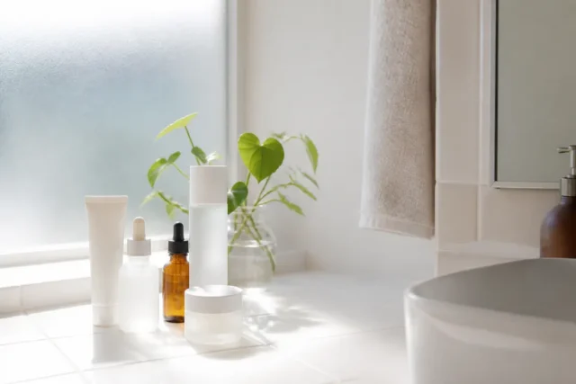 Nacomi avis : sérums Next Level, composition INCI et SPF Plusieurs flacons de cosmétiques et une protection solaire posés sur un meuble de salle de bain lumineux pour un Nacomi avis.
